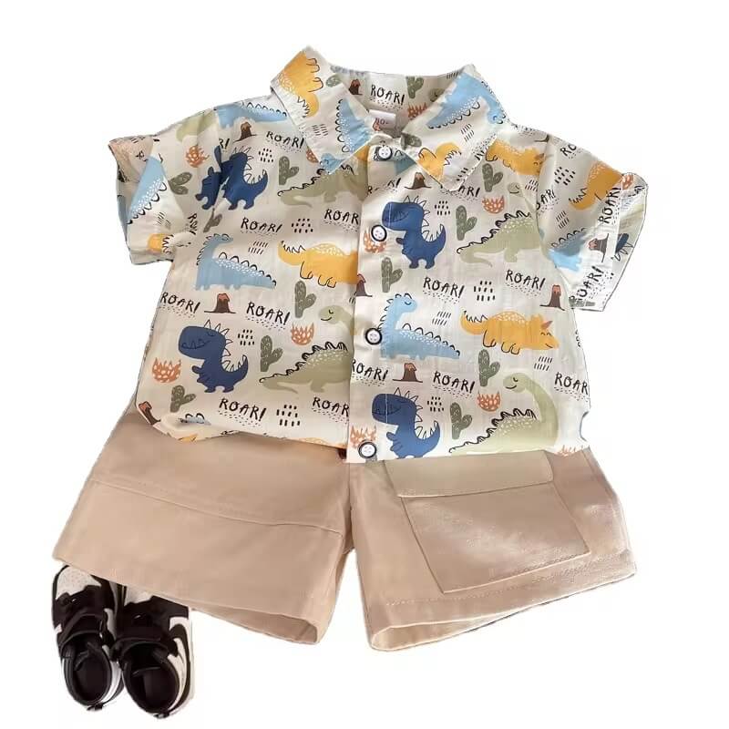 Dino Print Cotton Shirt & Shorts Set