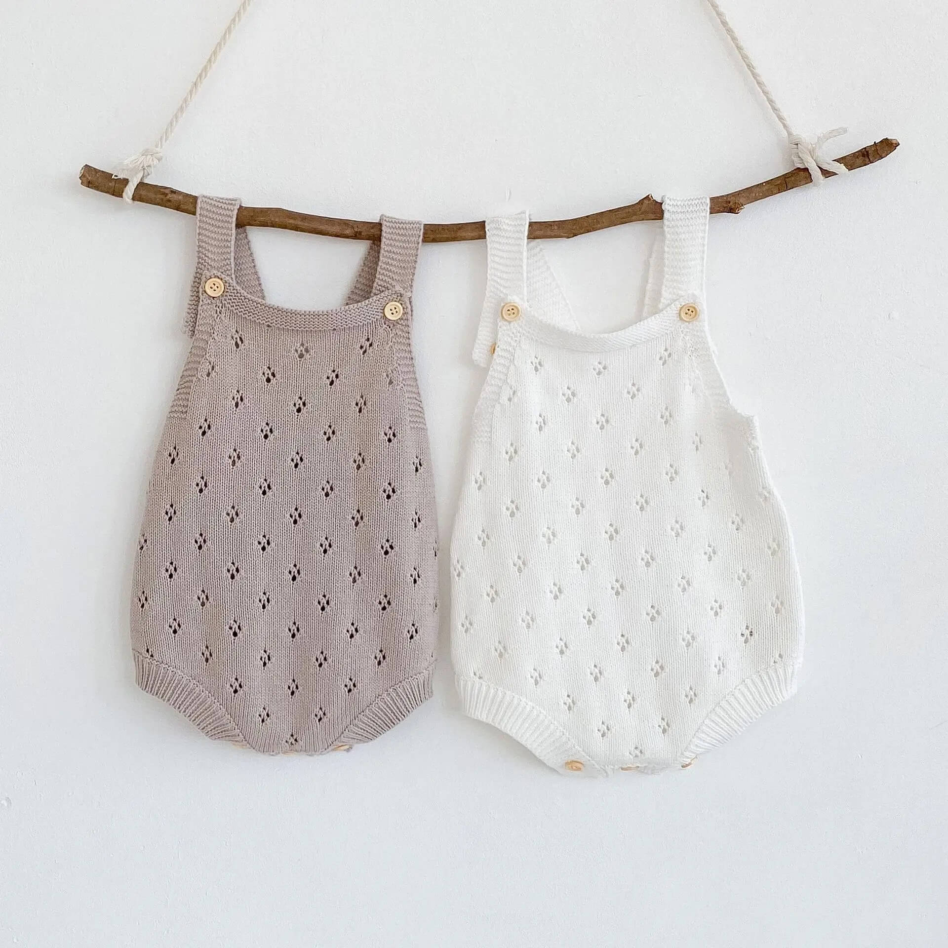 Knitted Baby Rompers in (Taupe  & White)