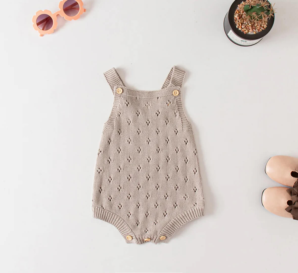 Knitted Baby Rompers in (Taupe  & White)