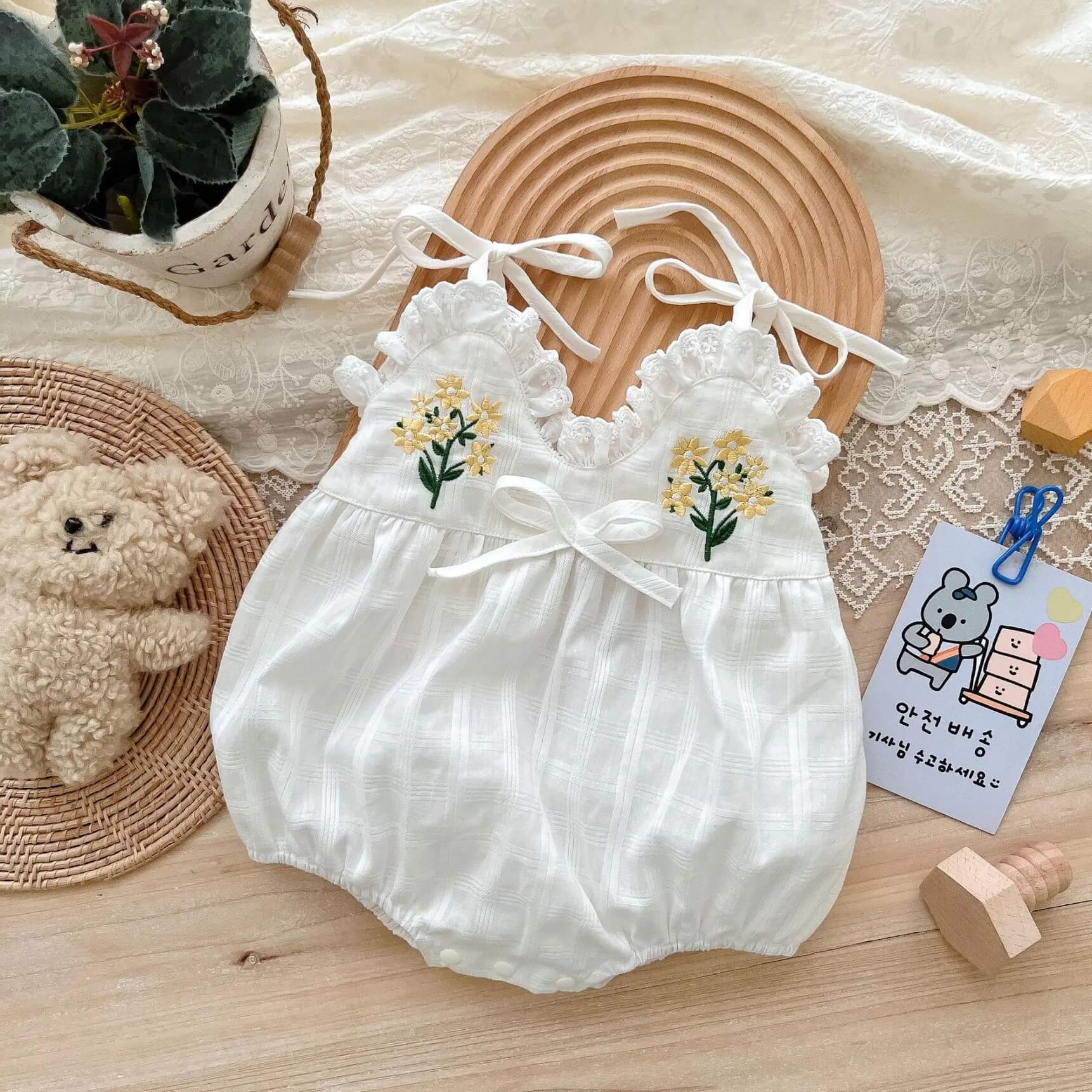 White Embroidered Spaghetti Ruffle Romper