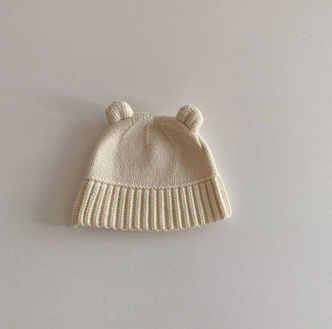 Off White Knitted Beanie with bear Ears