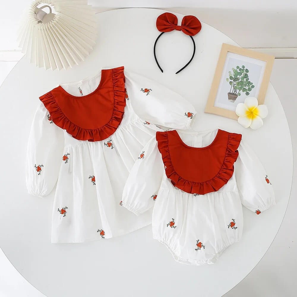 Baby Girl Frock/Romper with Brick Red Ruffles