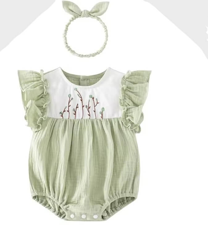 Muslin Cotton baby Girl Romper with hairband in Sage Green