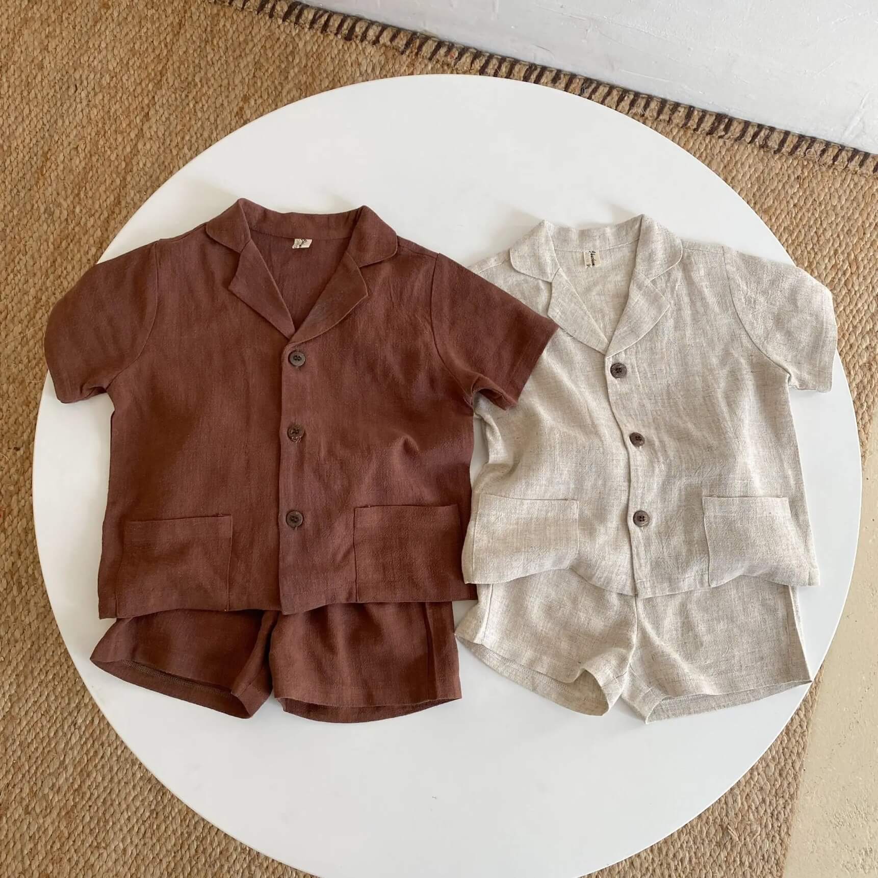 Monochrome Shirt & Shorts Set In Earthy Brown & Cream