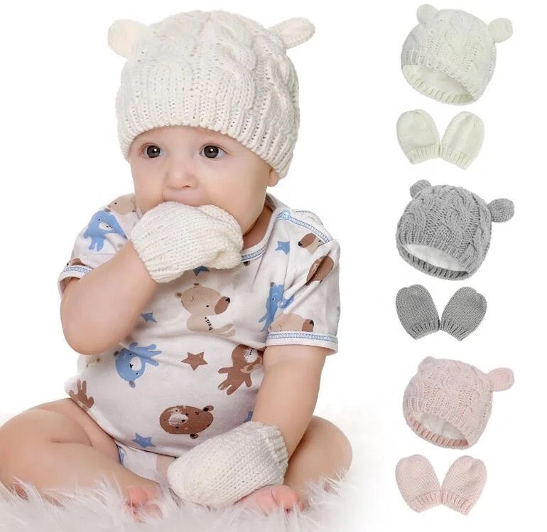 Baby Cable Knit Caps & Mittens Set