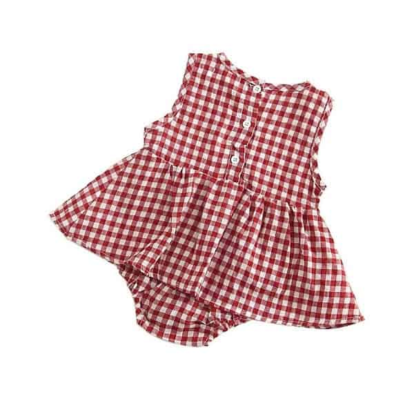 Red & Black Checked Cotton Sleeveless Girl Rompers