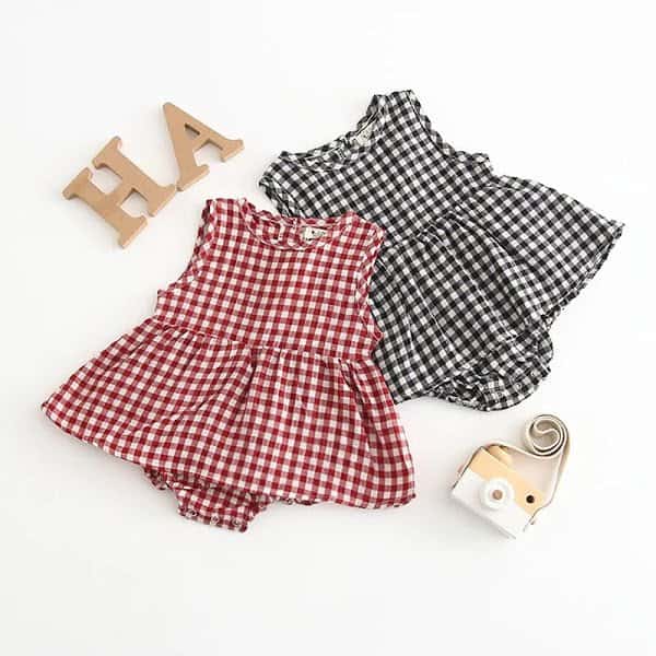 Red & Black Checked Cotton Sleeveless Girl Rompers