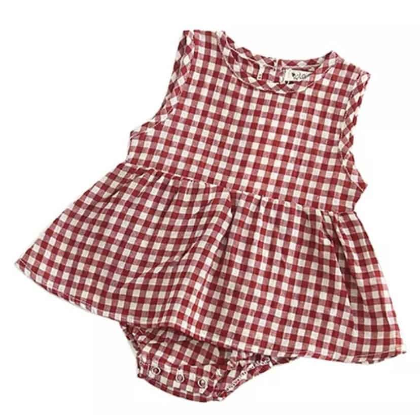 Red & Black Checked Cotton Sleeveless Girl Rompers